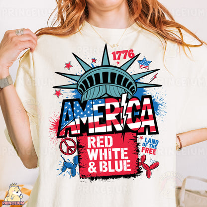 a woman wearing a t - shirt with the statue of liberty on it