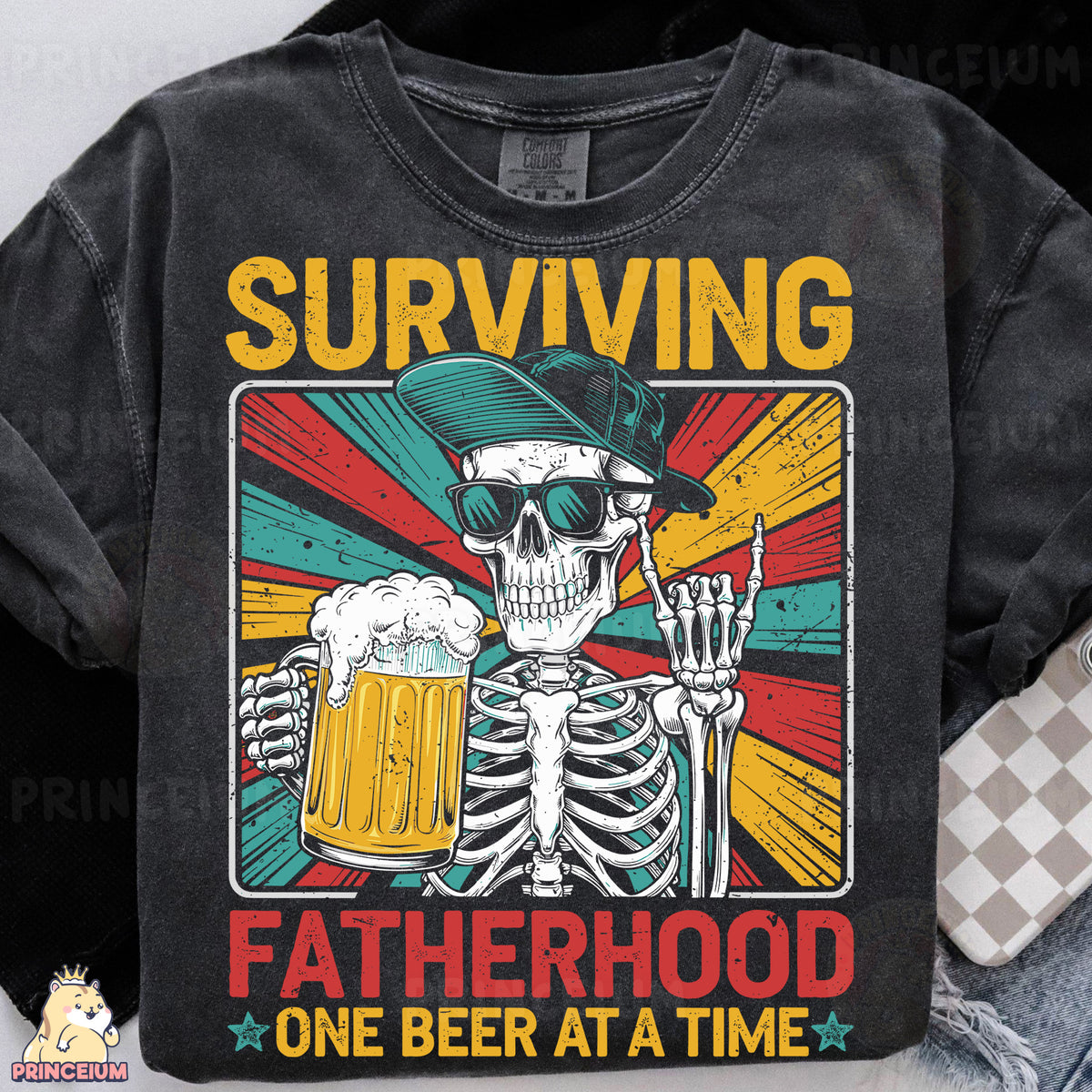 a black shirt with a skeleton holding a beer