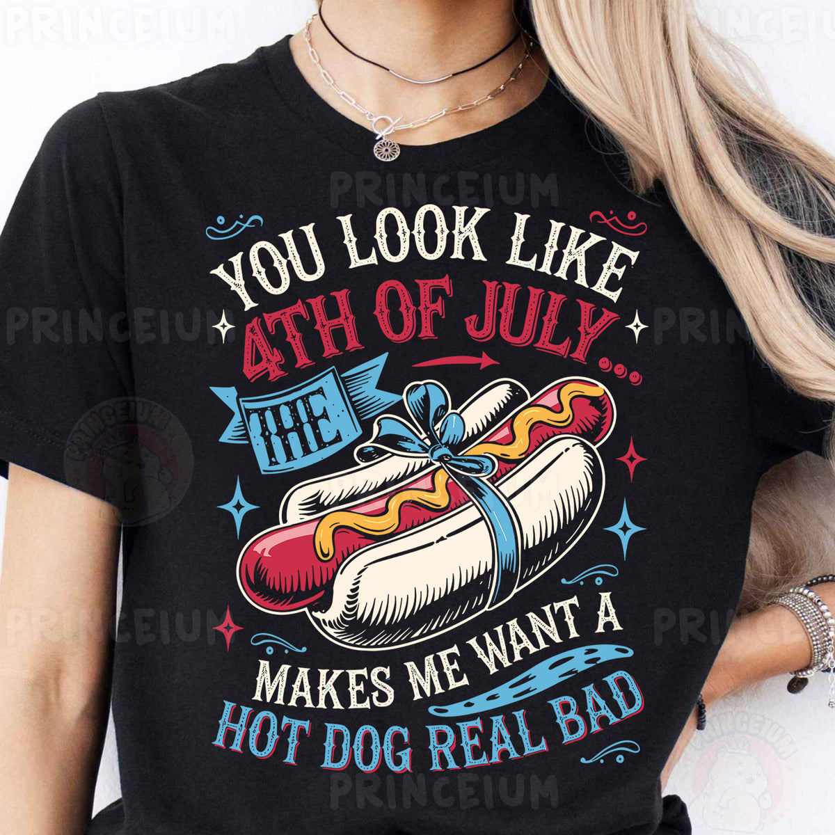 a woman wearing a black shirt with a hot dog on it