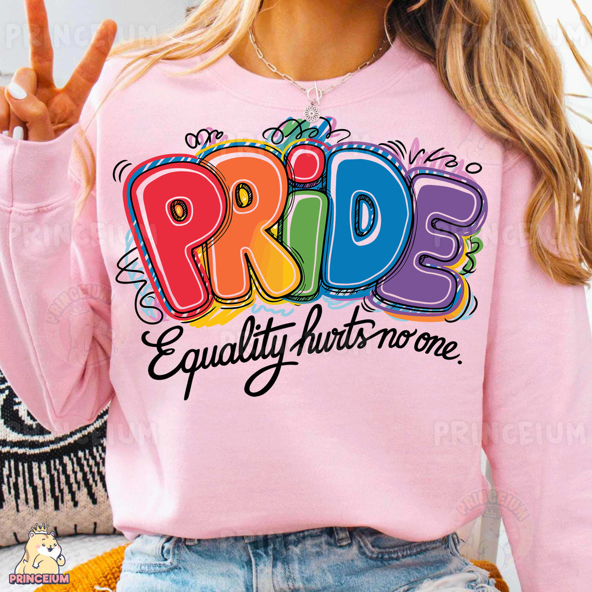 a woman wearing a pink shirt that says pride