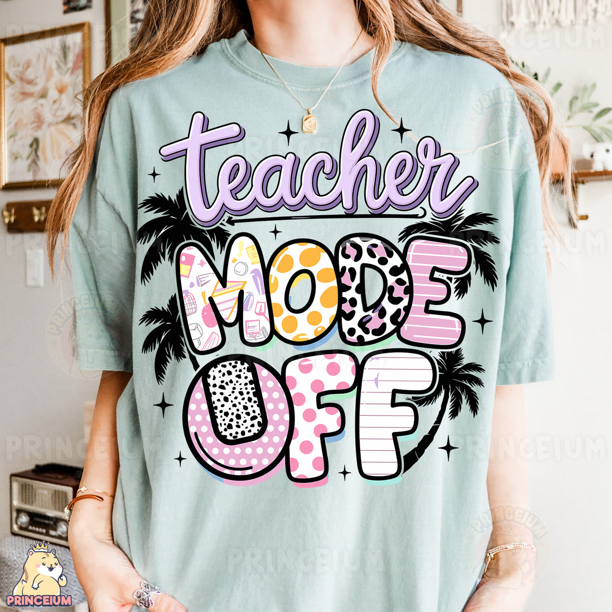 a woman wearing a t - shirt that says teacher mode off