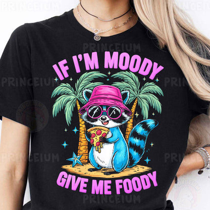 a woman wearing a black shirt with a raccoon wearing a pink hat and