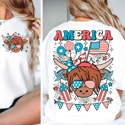 Western America Highland Cow Png, America Png, 4th of July Png, American Flag Png, Highland Cow Freedom Sublimation Design