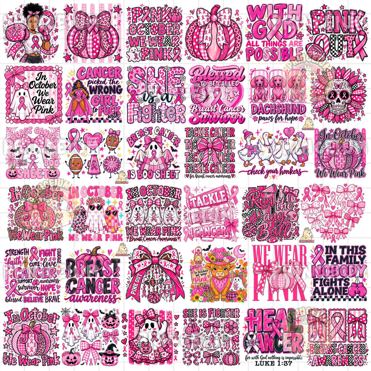 30+ Breast Cancer Awareness PNG Mega Bundle Pink Ribbon Ghost Bow & Football Designs