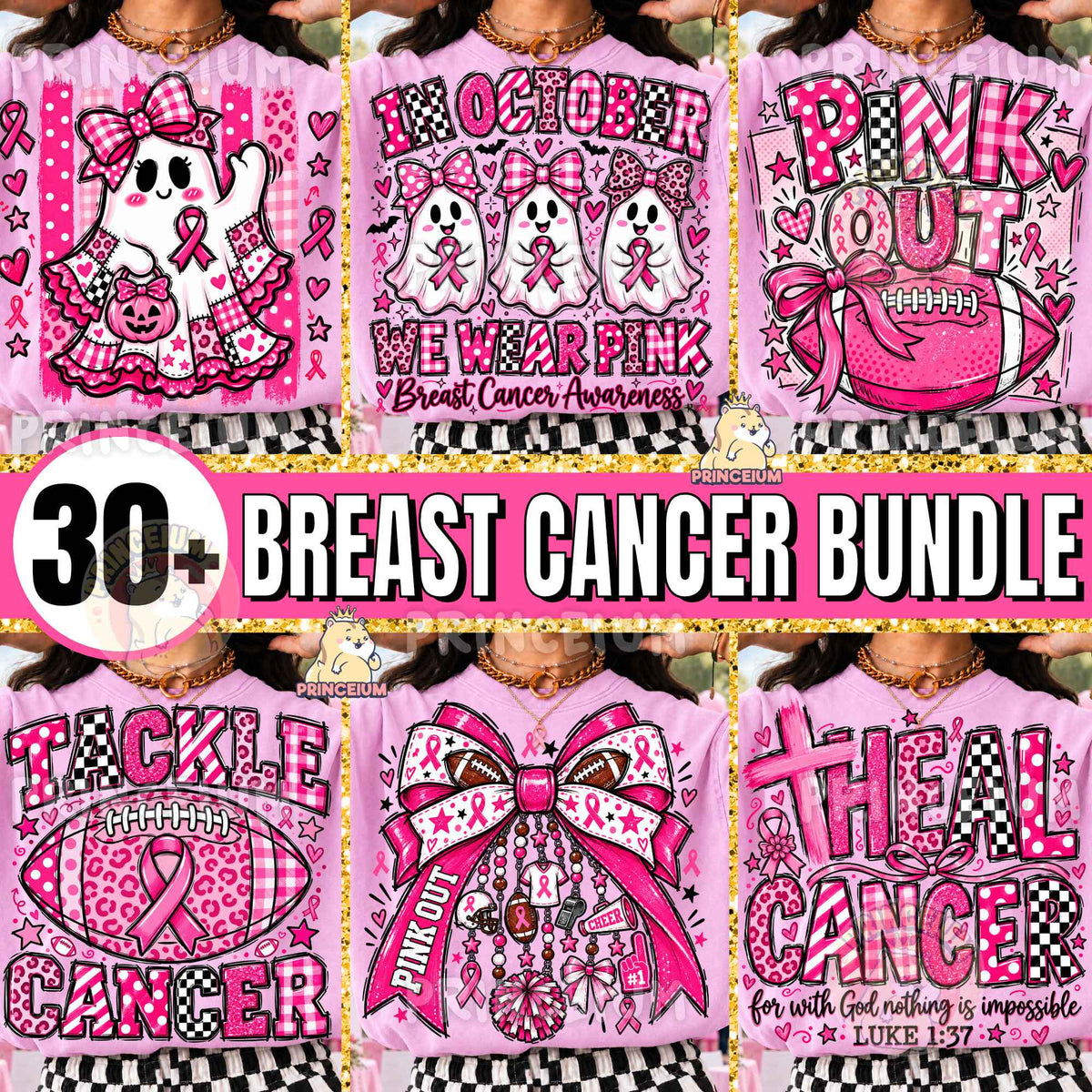 30+ Breast Cancer Awareness PNG Mega Bundle Pink Ribbon Ghost Bow & Football Designs