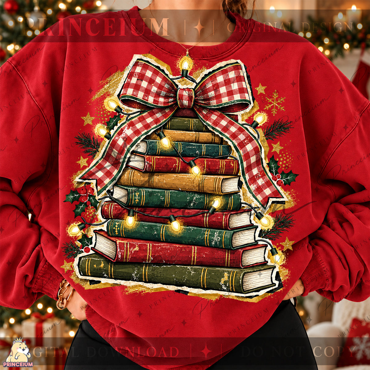 Christmas Book Tree PNG Plaid Bow & Lights Vintage Holiday Design