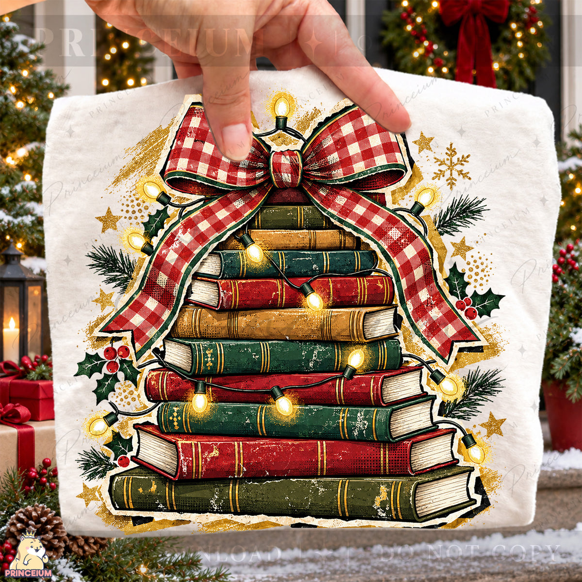 Christmas Book Tree PNG Plaid Bow & Lights Vintage Holiday Design