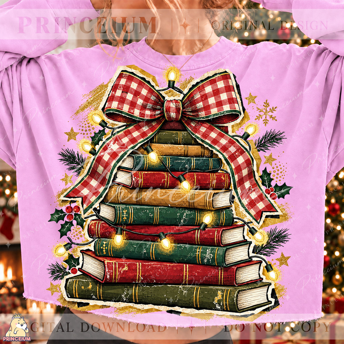 Christmas Book Tree PNG Plaid Bow & Lights Vintage Holiday Design