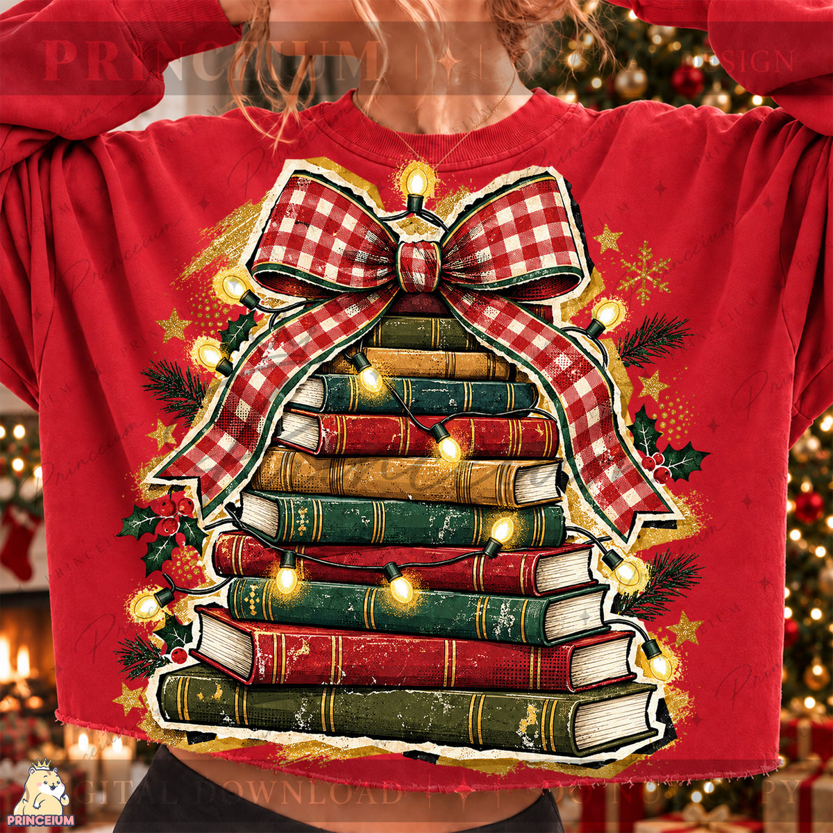 Christmas Book Tree PNG Plaid Bow & Lights Vintage Holiday Design