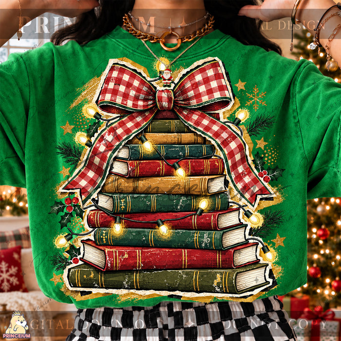 Christmas Book Tree PNG Plaid Bow & Lights Vintage Holiday Design