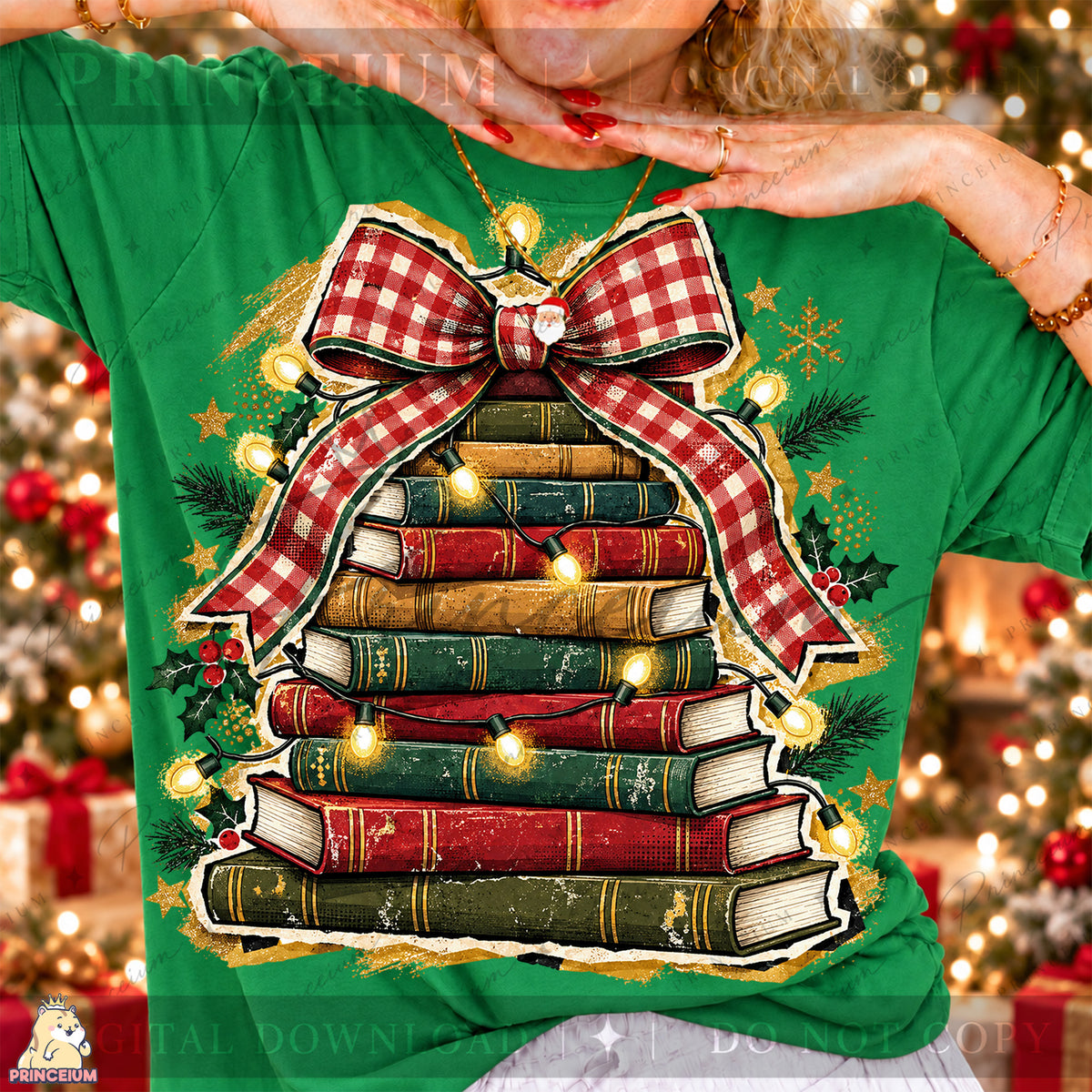 Christmas Book Tree PNG Plaid Bow & Lights Vintage Holiday Design