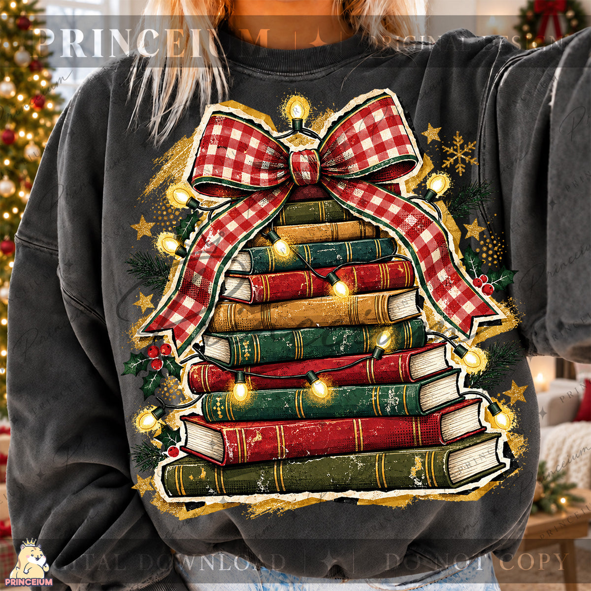 Christmas Book Tree PNG Plaid Bow & Lights Vintage Holiday Design