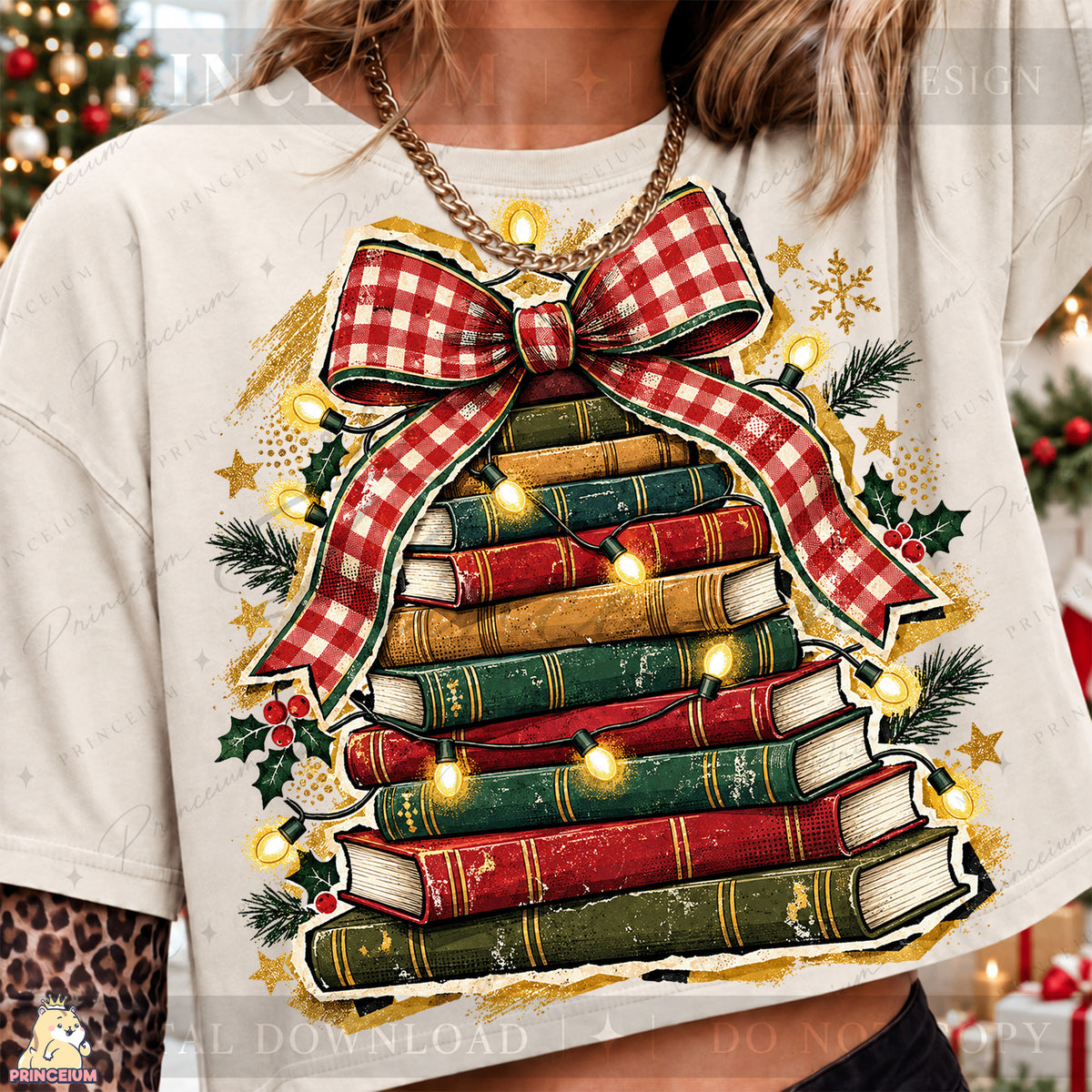 Christmas Book Tree PNG Plaid Bow & Lights Vintage Holiday Design