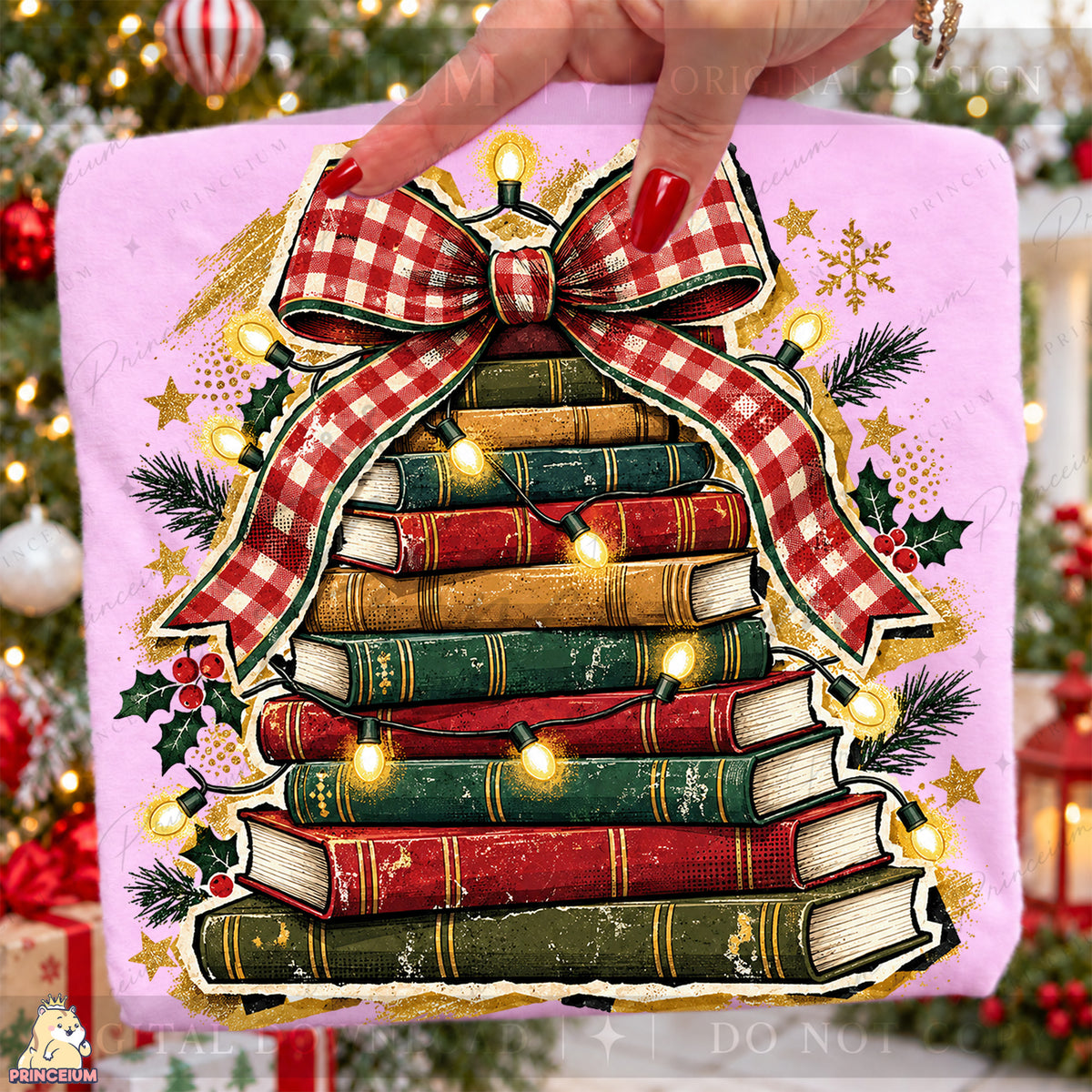 Christmas Book Tree PNG Plaid Bow & Lights Vintage Holiday Design