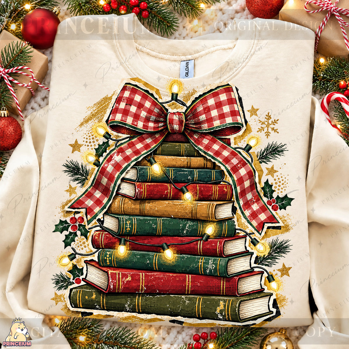 Christmas Book Tree PNG Plaid Bow & Lights Vintage Holiday Design