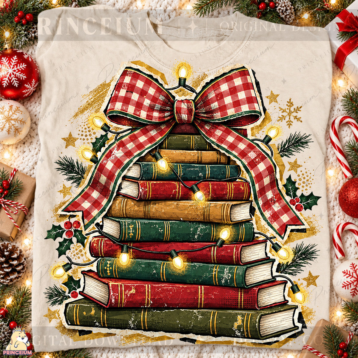 Christmas Book Tree PNG Plaid Bow & Lights Vintage Holiday Design