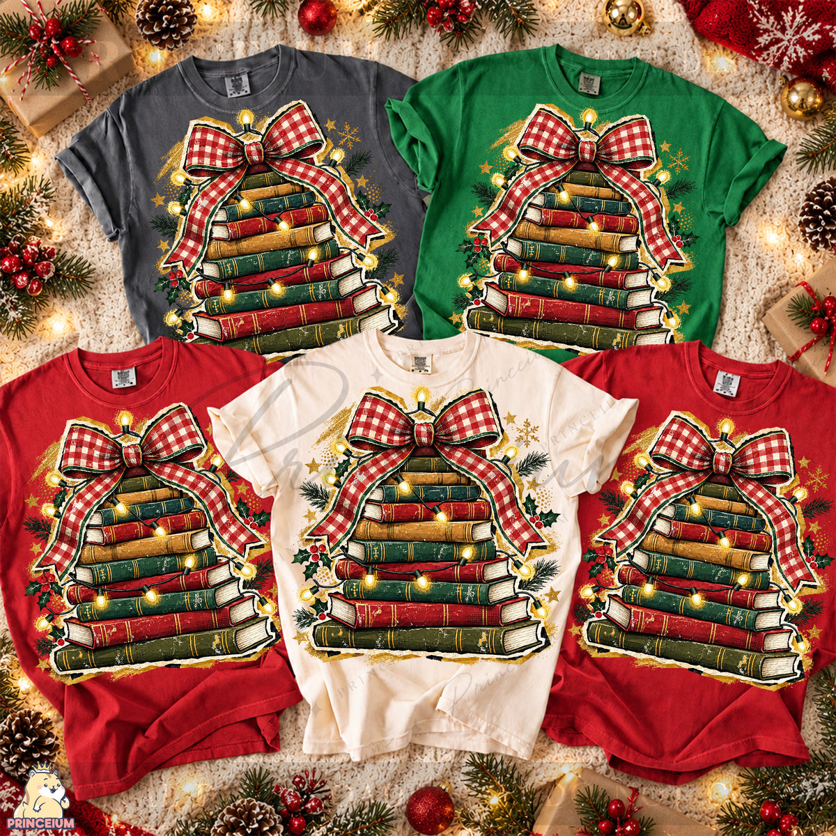 Christmas Book Tree PNG Plaid Bow & Lights Vintage Holiday Design
