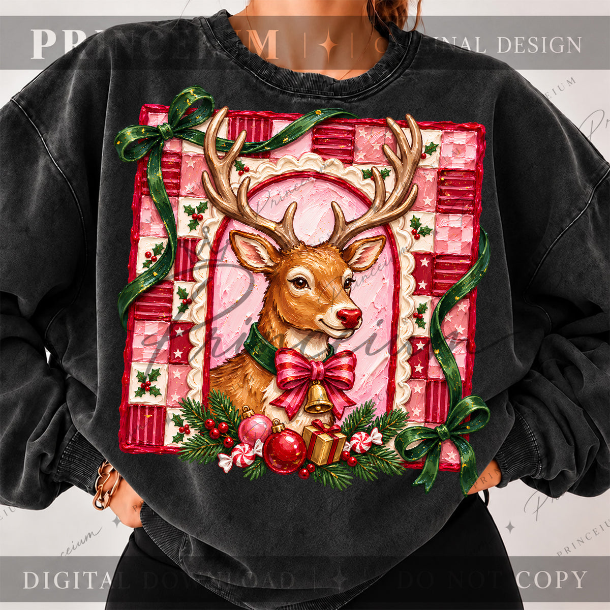 Christmas Reindeer PNG Pink Bow & Checkered Frame Vintage Holiday Design