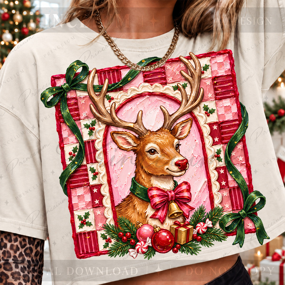 Christmas Reindeer PNG Pink Bow & Checkered Frame Vintage Holiday Design