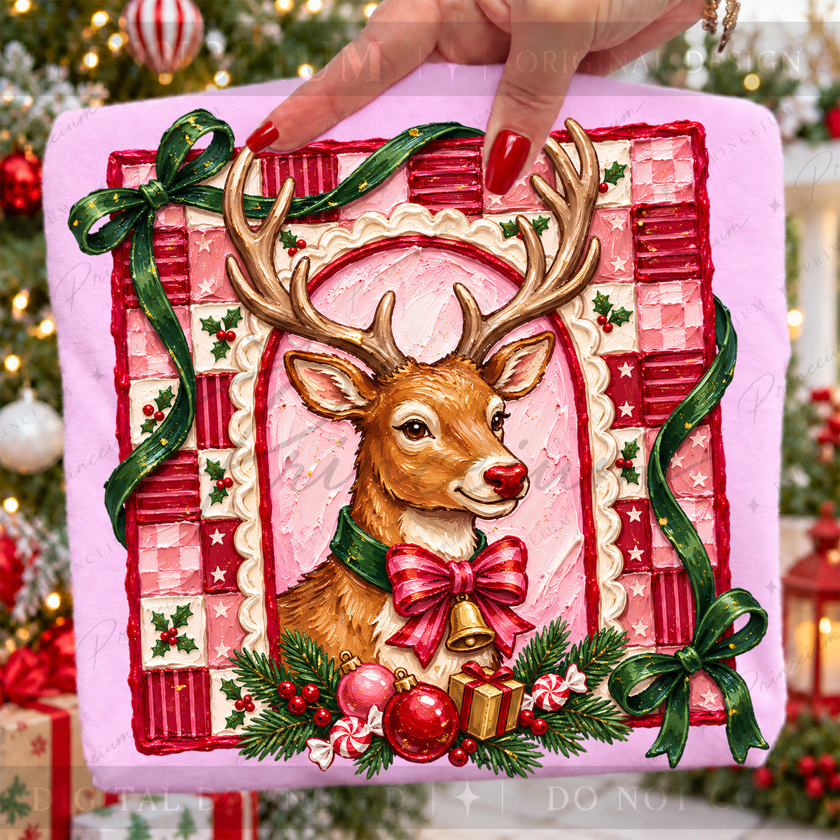 Christmas Reindeer PNG Pink Bow & Checkered Frame Vintage Holiday Design