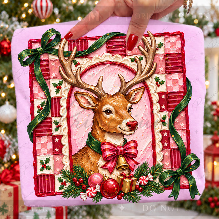Christmas Reindeer PNG Pink Bow & Checkered Frame Vintage Holiday Design