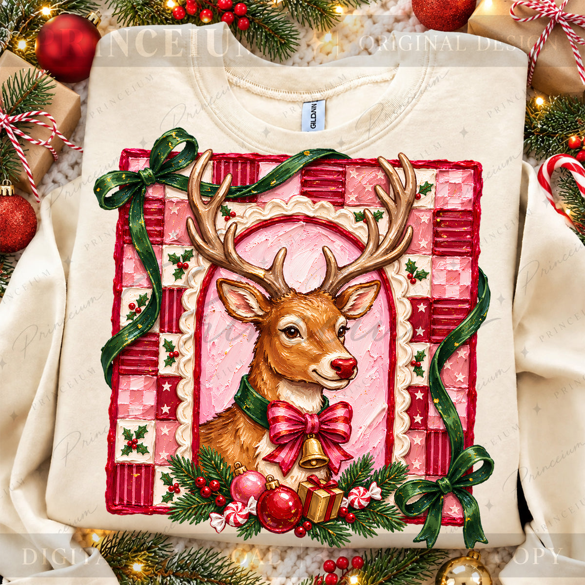 Christmas Reindeer PNG Pink Bow & Checkered Frame Vintage Holiday Design
