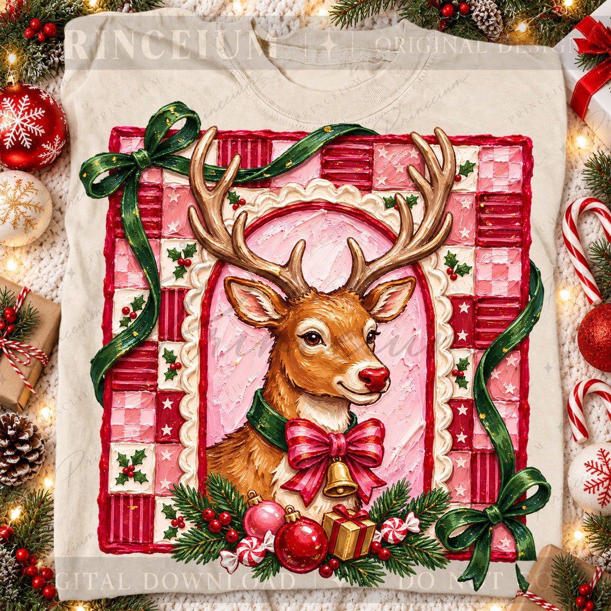 Christmas Reindeer PNG Pink Bow & Checkered Frame Vintage Holiday Design