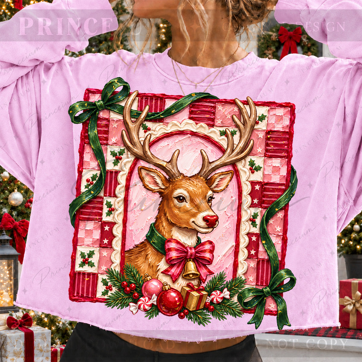 Christmas Reindeer PNG Pink Bow & Checkered Frame Vintage Holiday Design