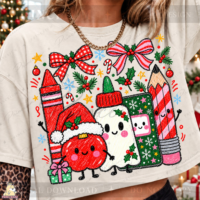 Christmas School Supplies PNG Cute Crayon Style Teacher Design