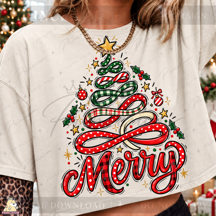 Merry PNG Ribbon Christmas Tree Preppy Holiday Design