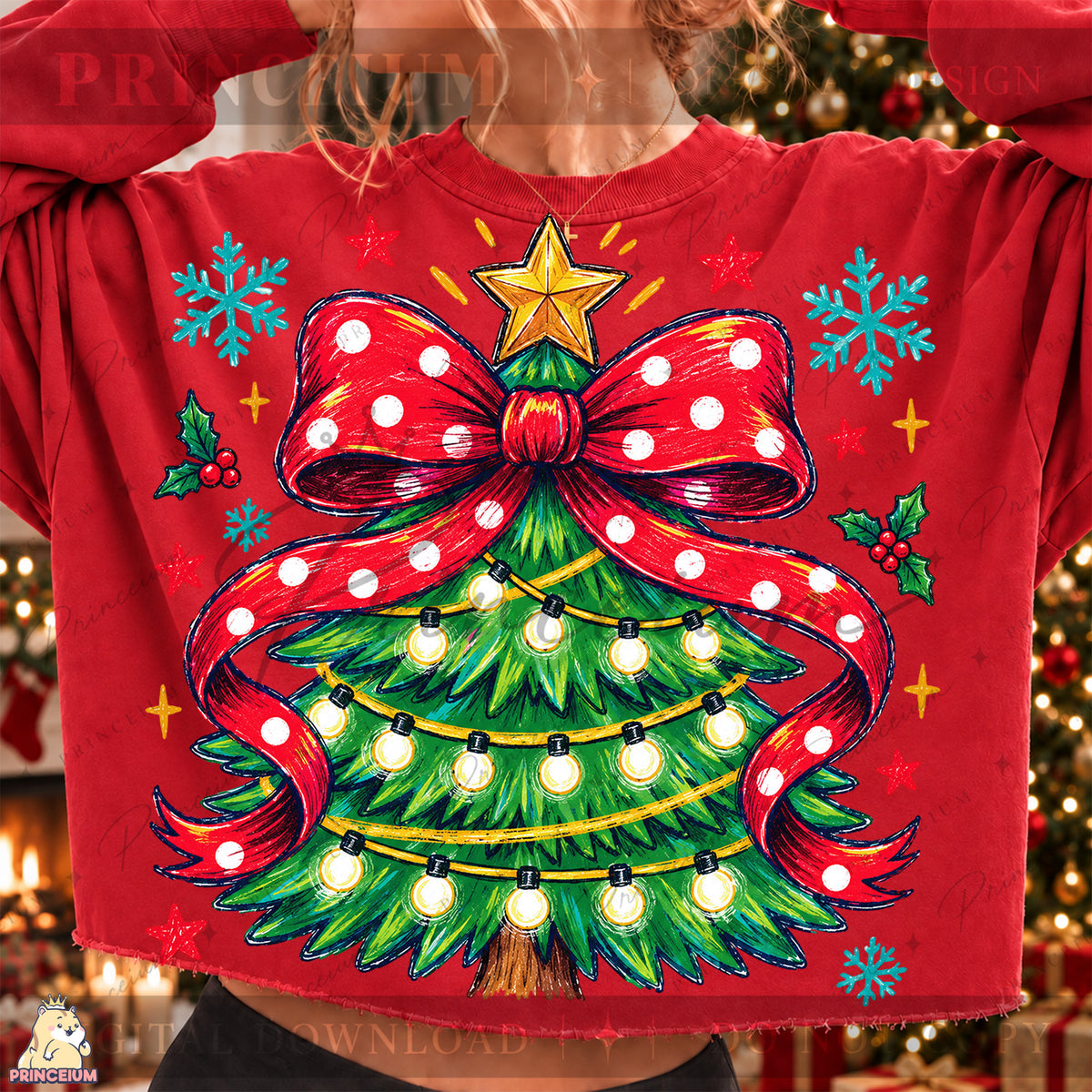 Christmas Tree PNG Red Polka Dot Bow & Lights Preppy Holiday Design