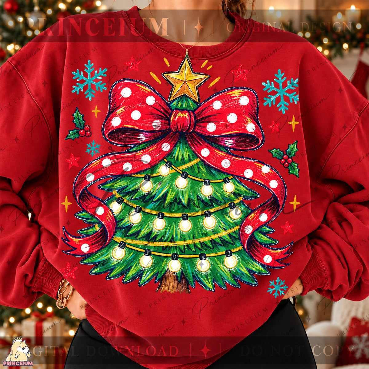 Christmas Tree PNG Red Polka Dot Bow & Lights Preppy Holiday Design