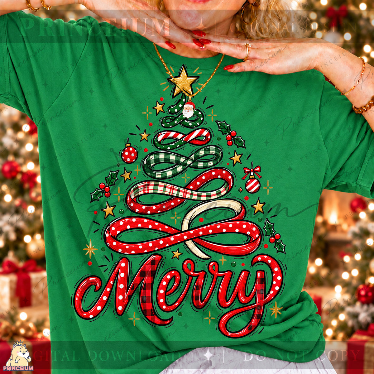 Merry PNG Ribbon Christmas Tree Preppy Holiday Design