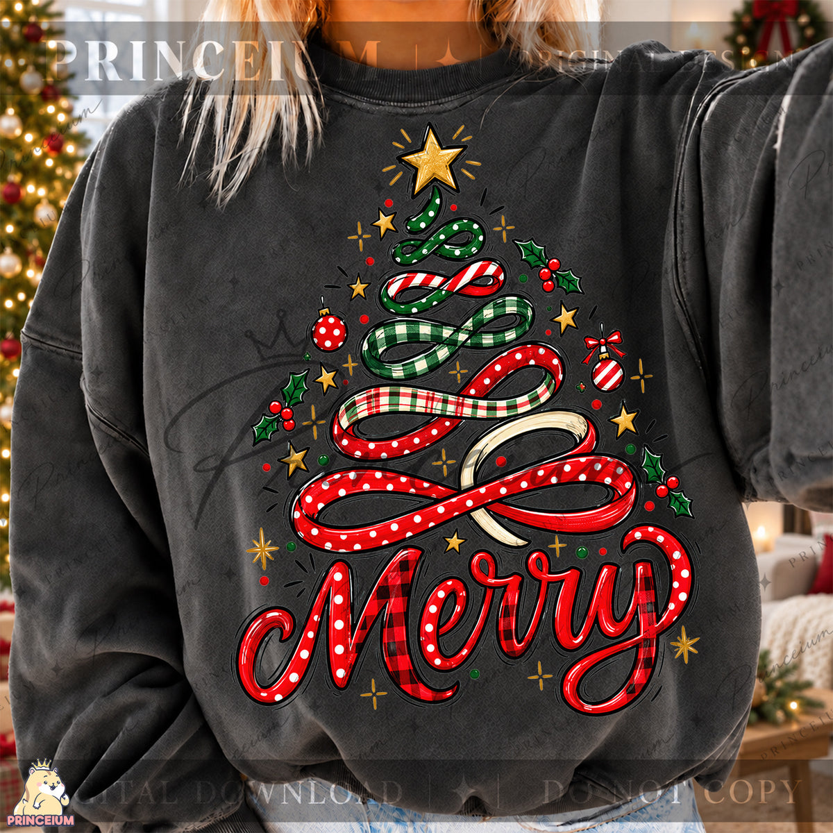 Merry PNG Ribbon Christmas Tree Preppy Holiday Design