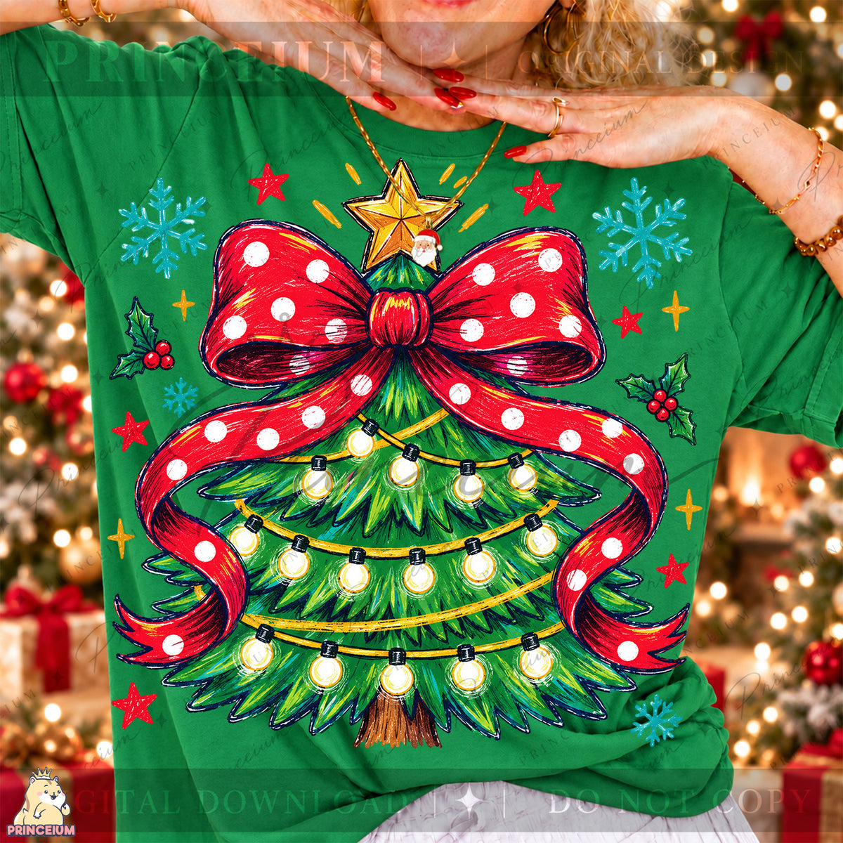 Christmas Tree PNG Red Polka Dot Bow & Lights Preppy Holiday Design