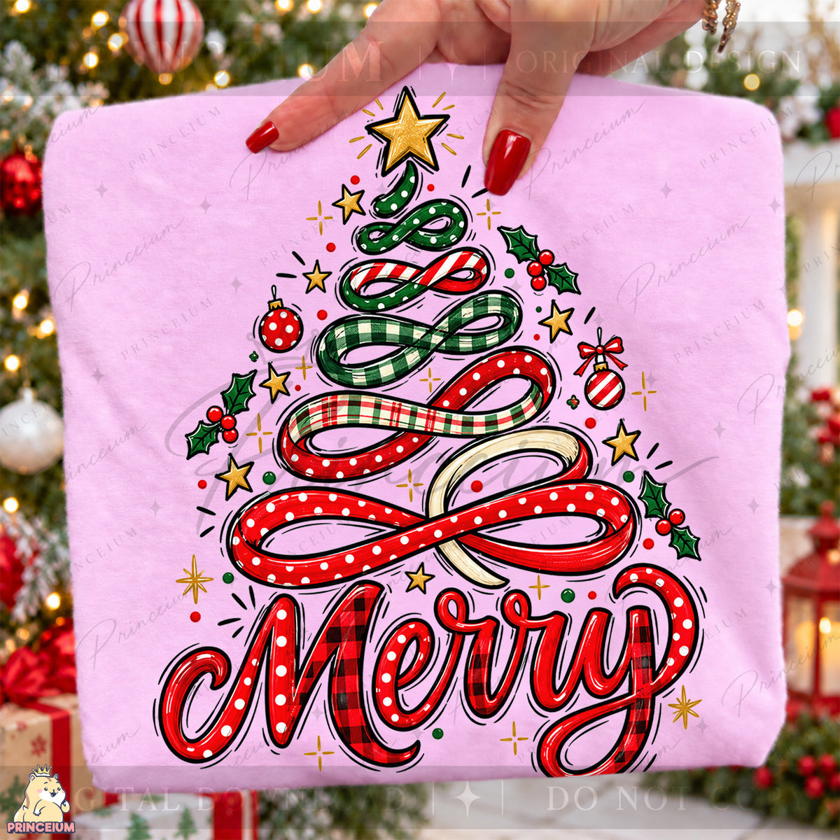 Merry PNG Ribbon Christmas Tree Preppy Holiday Design