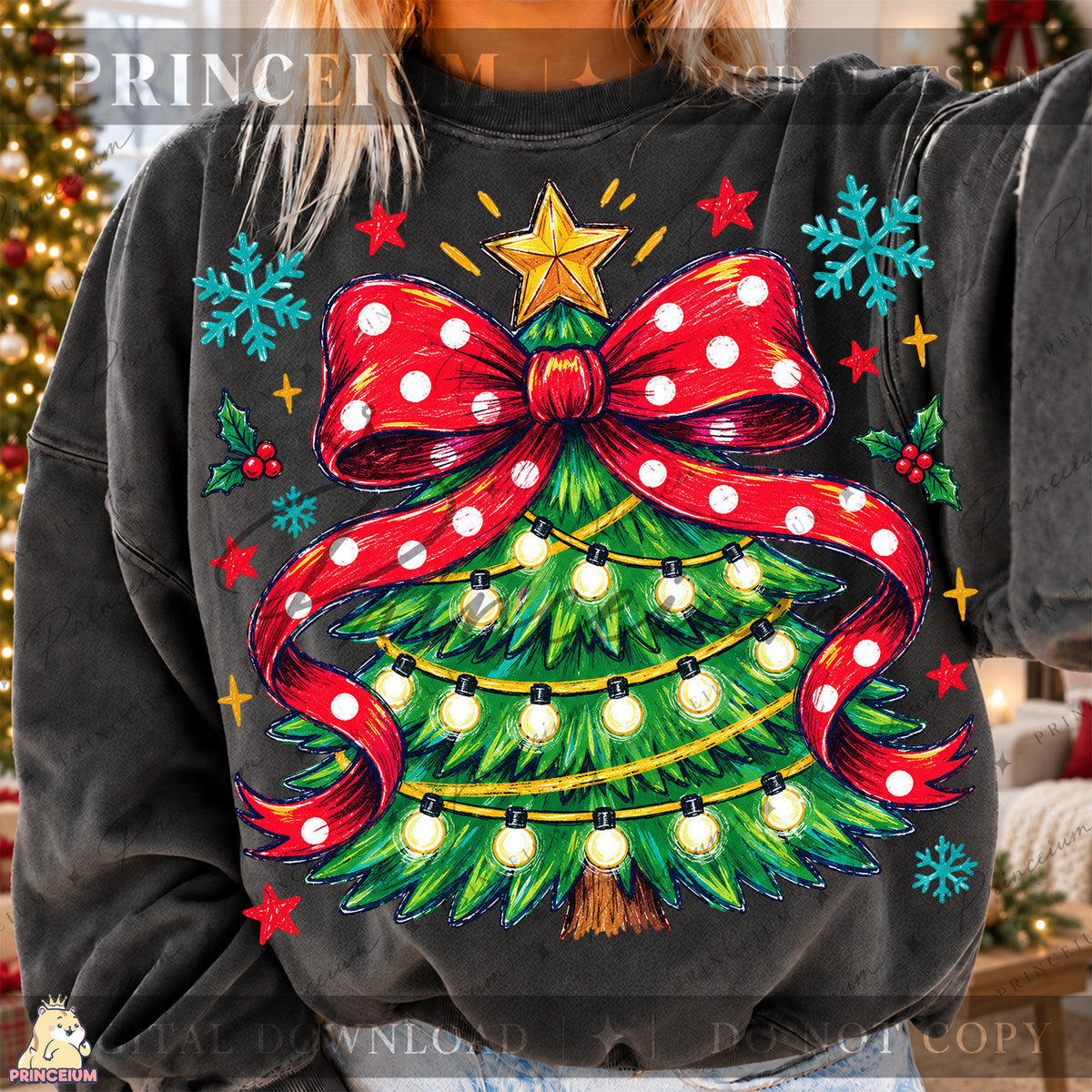 Christmas Tree PNG Red Polka Dot Bow & Lights Preppy Holiday Design