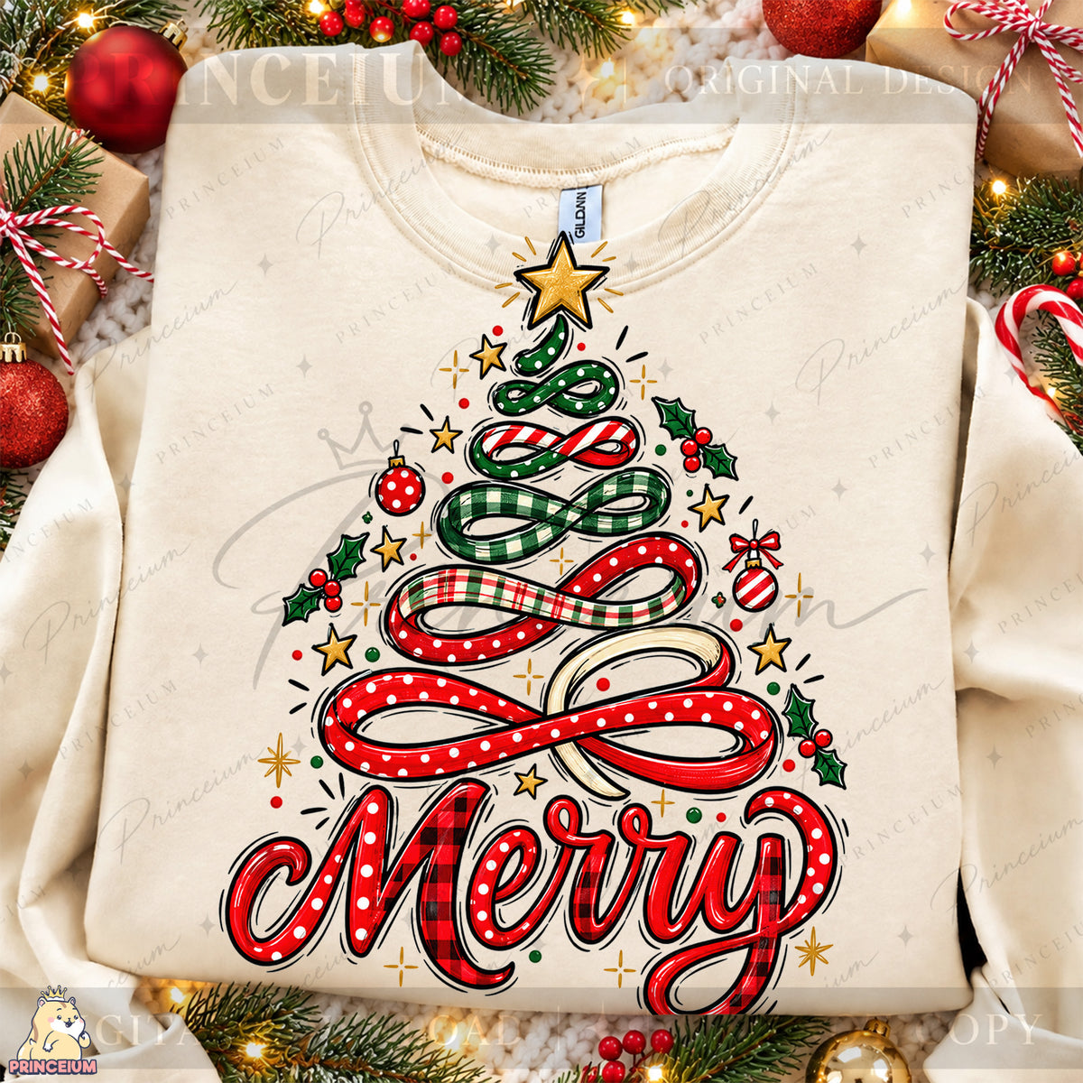 Merry PNG Ribbon Christmas Tree Preppy Holiday Design