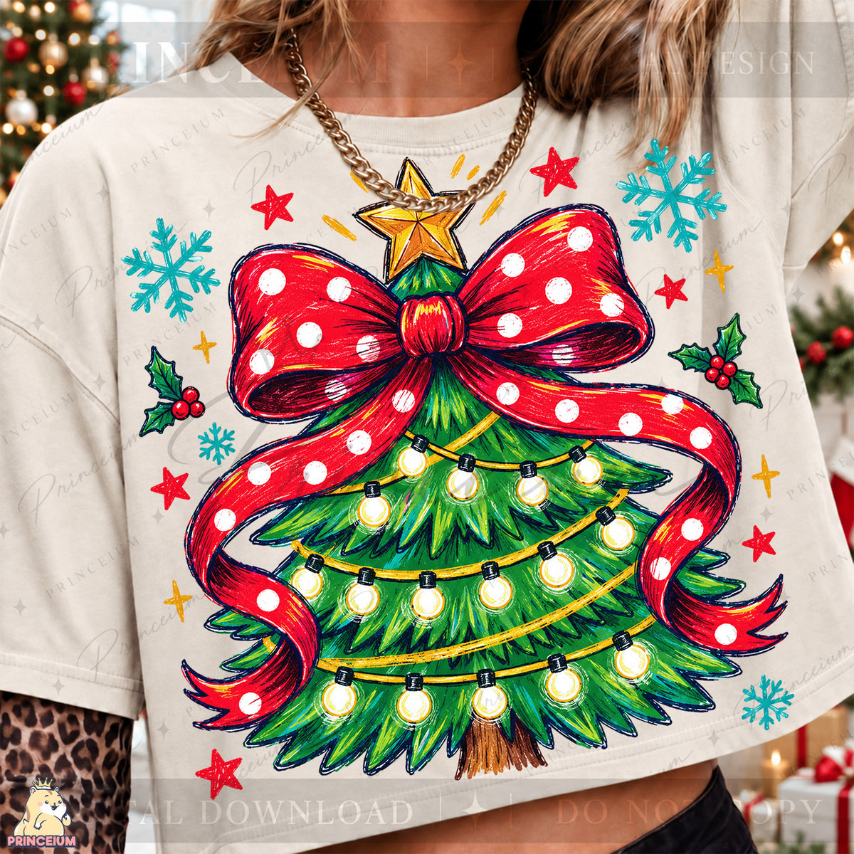 Christmas Tree PNG Red Polka Dot Bow & Lights Preppy Holiday Design