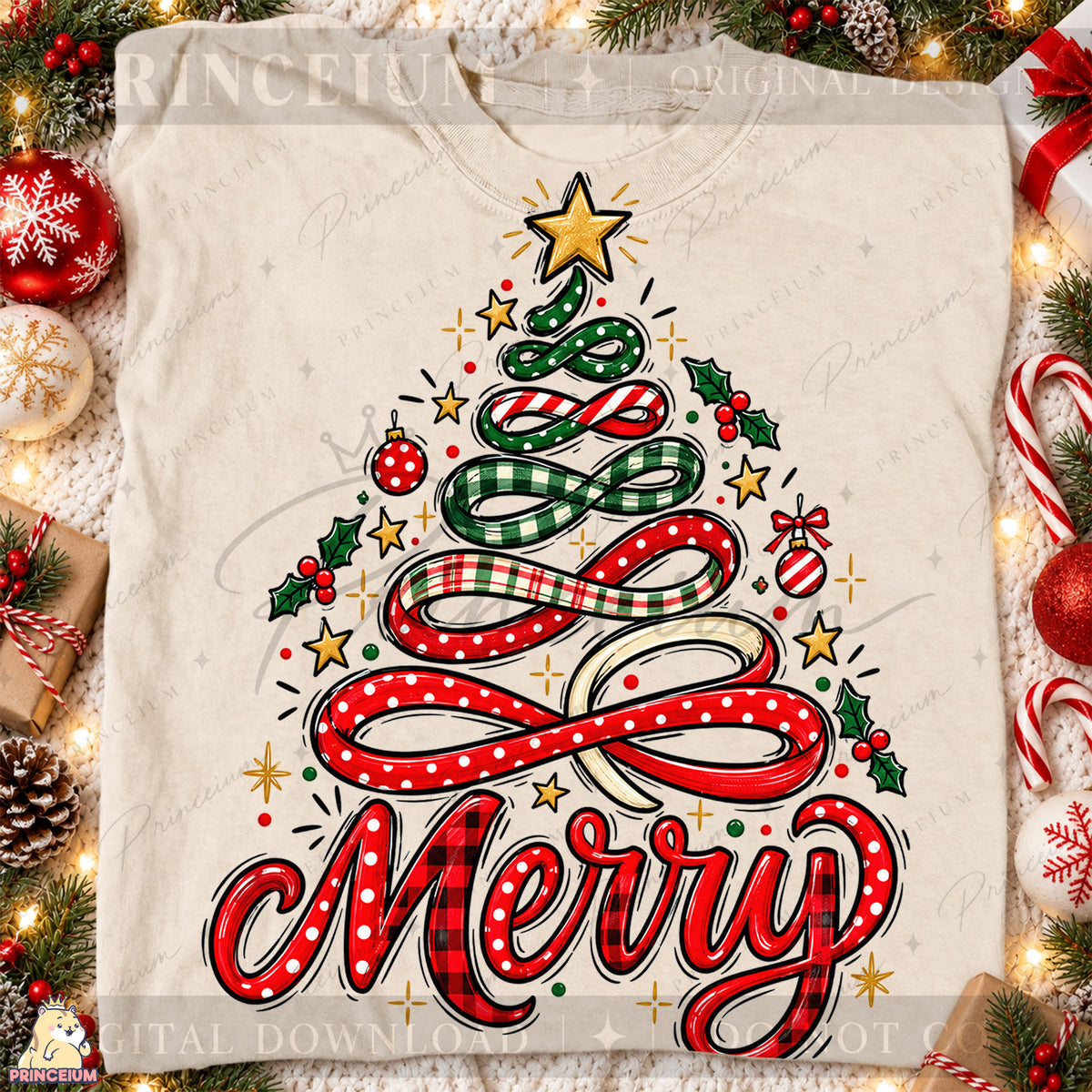 Merry PNG Ribbon Christmas Tree Preppy Holiday Design