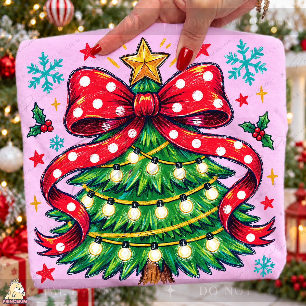 Christmas Tree PNG Red Polka Dot Bow & Lights Preppy Holiday Design