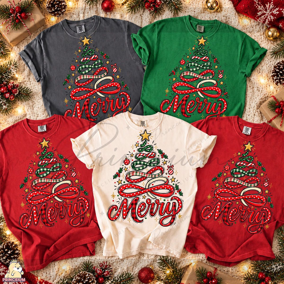 Merry PNG Ribbon Christmas Tree Preppy Holiday Design