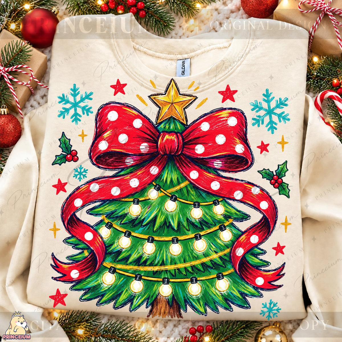 Christmas Tree PNG Red Polka Dot Bow & Lights Preppy Holiday Design