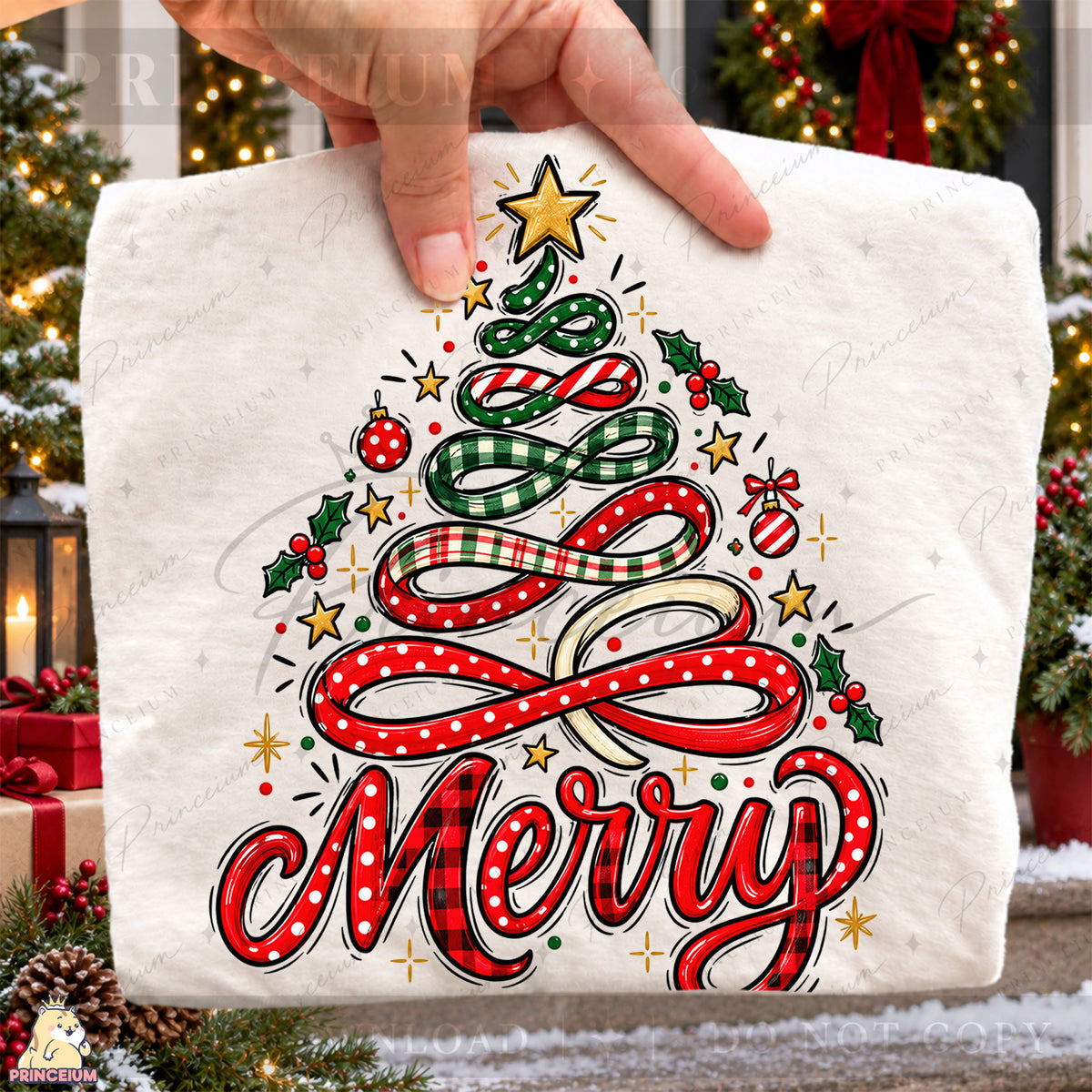Merry PNG Ribbon Christmas Tree Preppy Holiday Design