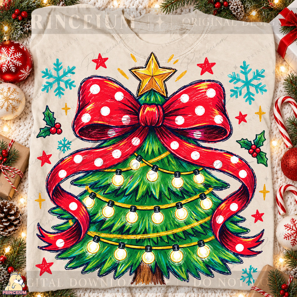 Christmas Tree PNG Red Polka Dot Bow & Lights Preppy Holiday Design
