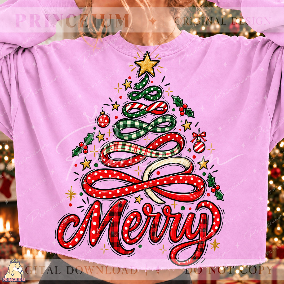 Merry PNG Ribbon Christmas Tree Preppy Holiday Design