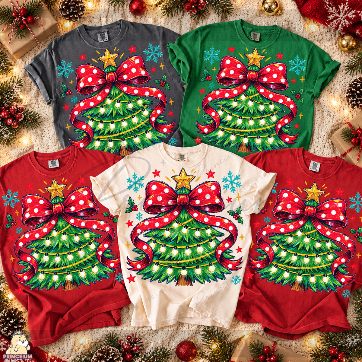 Christmas Tree PNG Red Polka Dot Bow & Lights Preppy Holiday Design