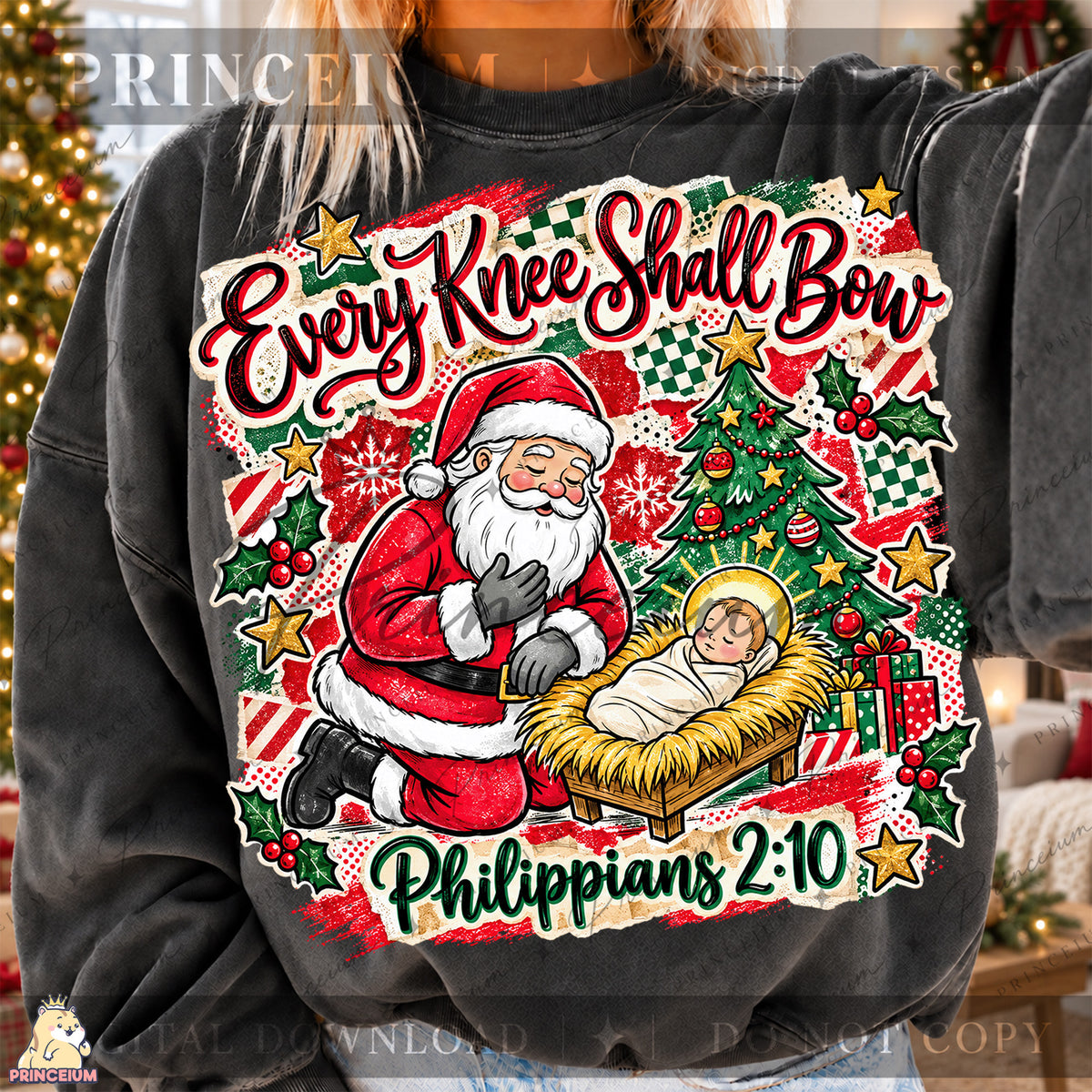Every Knee Shall Bow Christmas PNG Santa & Baby Jesus Christian Holiday Design