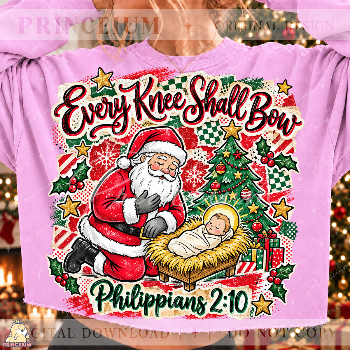 Every Knee Shall Bow Christmas PNG Santa & Baby Jesus Christian Holiday Design