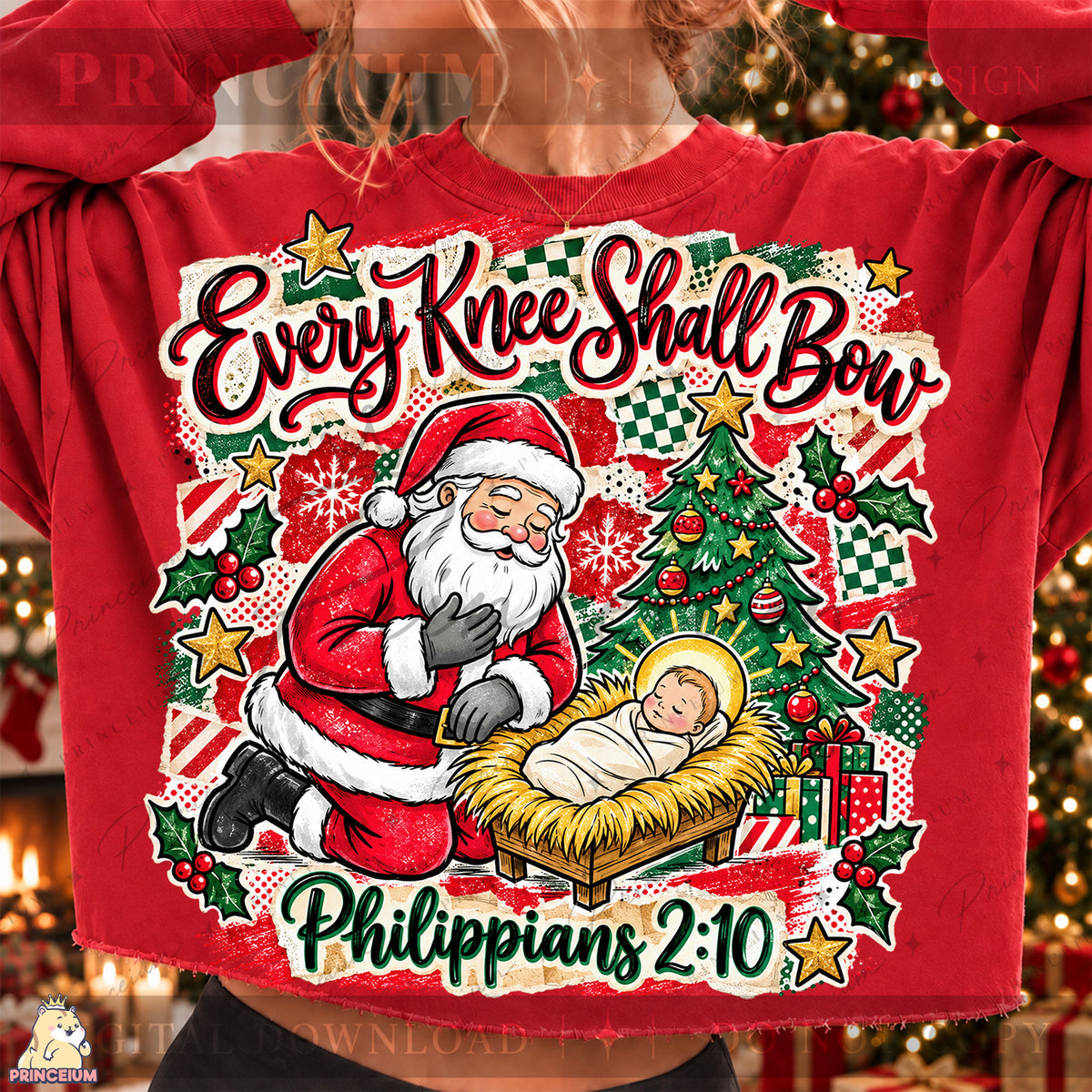Every Knee Shall Bow Christmas PNG Santa & Baby Jesus Christian Holiday Design